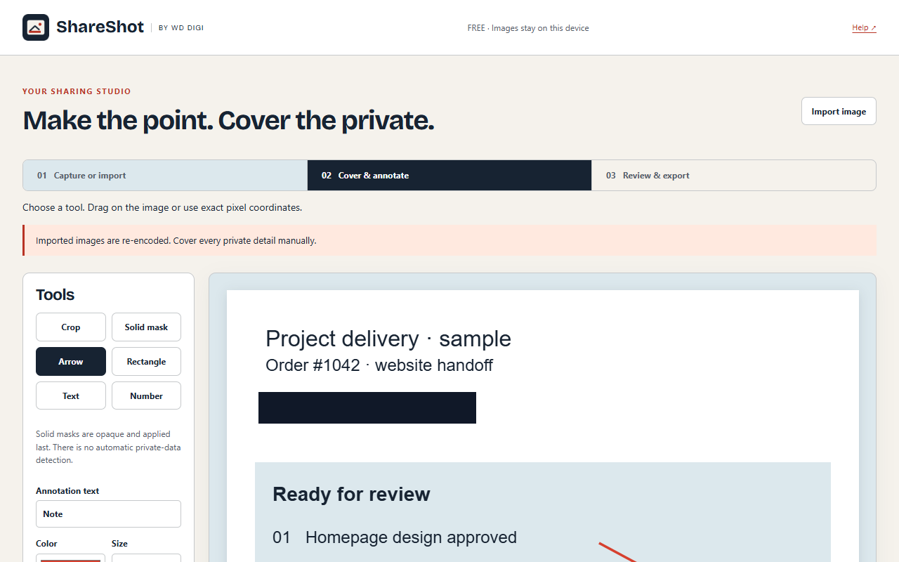 Actual ShareShot editor with manual solid mask and annotation tools